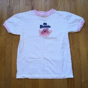 VTG Mr Bubble Shirt L White Pink Ringer Retro Glitter Graphic USA Advertising